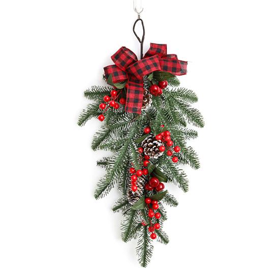 Christmas Teardrop Swag Wreath Artificial Pine Branch Teardrop Swag with Pine Cone Red Berry And Plaid Bow for Winter Front Door Wall Staircase