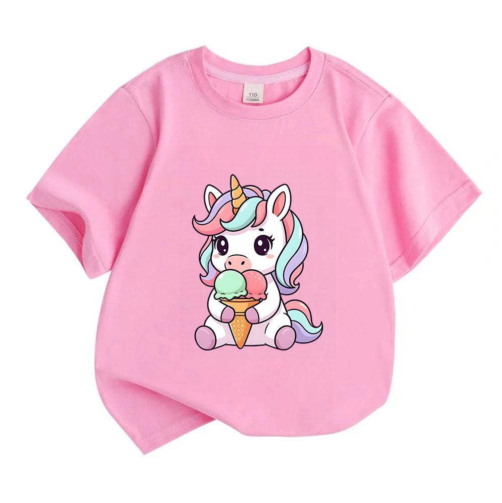 Kids Boys Girls Crew Neck Short Sleeve 100% Cotton T-Shirt, Cute Cartoon Unicorn Eating Ice Cream Pattern Casual Soft Breathable Tee Tops for Children