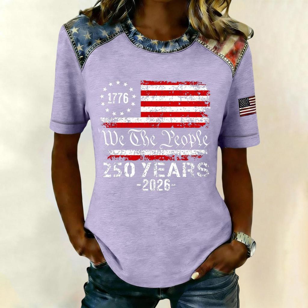 Women Casual Short Sleeve T Shirt Crew Neck Patriotic Letter Print Top Slim Fit Lightweight Tee for Everyday Wear
