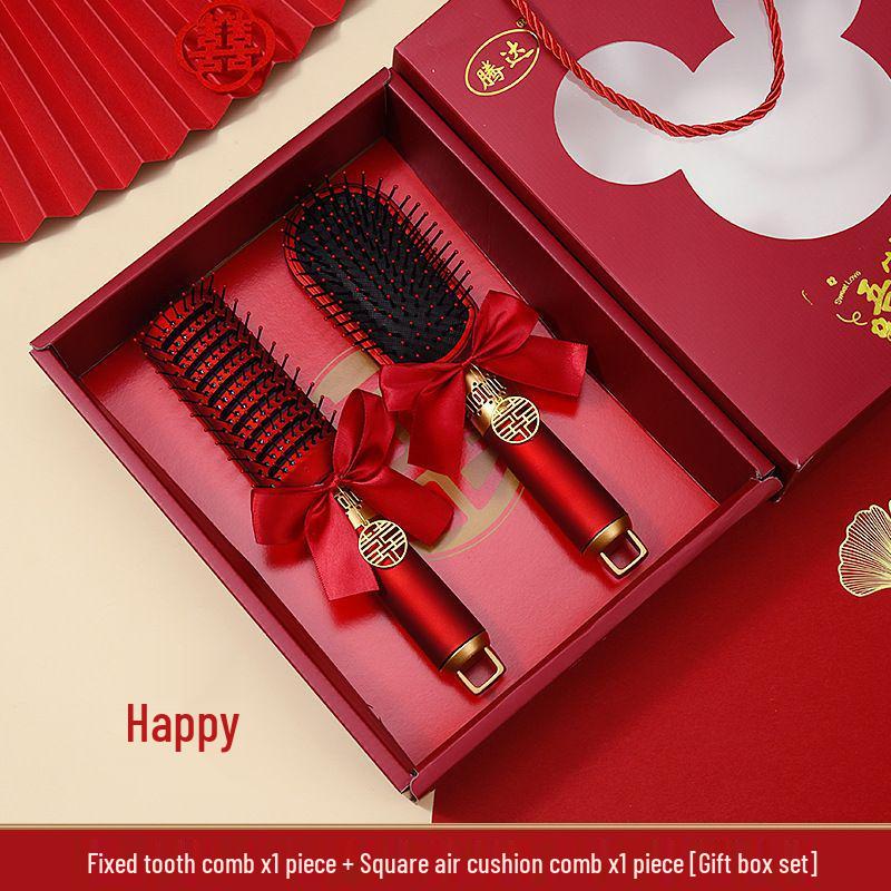 Mitgift der chinesischen Braut: Roter Luftkissen-Kamm-Set - Flauschiger Airbag, Ein Paar mit Geschenkbox für Hochzeiten