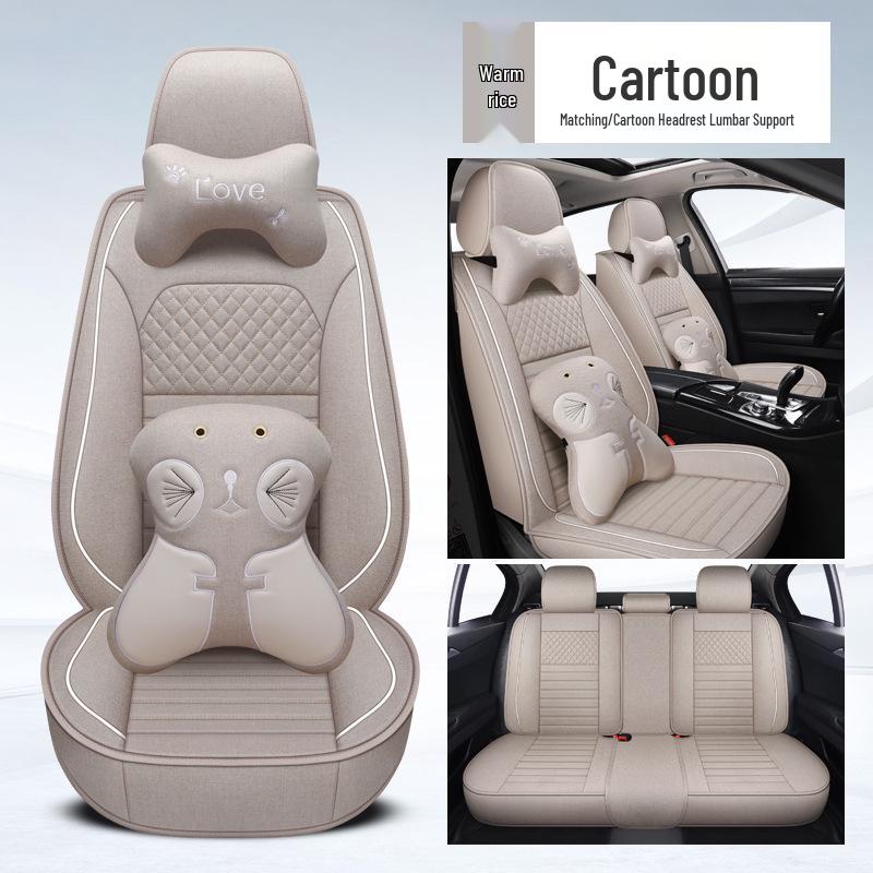 Universal Four Seasons Full Coverage Linen Seat Cushion Set for Small Cars