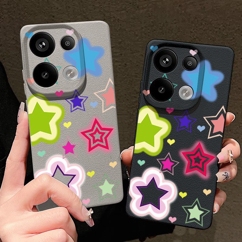 Blended Colorful Stars Pattern Case Xiaomi 14T 13T 11T Pro Leather Texture Silicone Cover Funda For Redmi Note 14 13 Pro 4G 5G 12 11