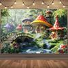 1Pc Whimsical Mushroom Village Forest Stream Tapestry Wall Hanging For Kids Room Bedroom Decor Fairy Tale Fantasy Art Print Home