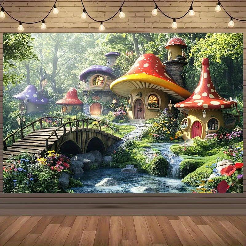 1Pc Whimsical Mushroom Village Forest Stream Tapestry Wall Hanging For Kids Room Bedroom Decor Fairy Tale Fantasy Art Print Home