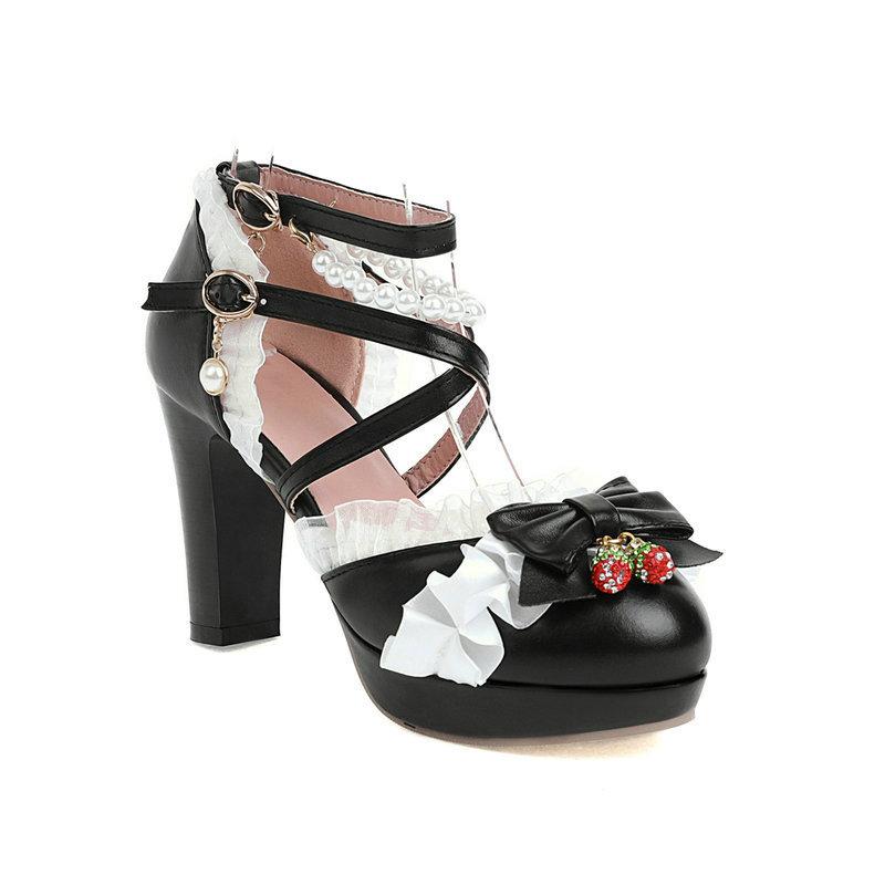 Jenter Høye Hæler Lolita Sandaler Kvinner Plattform Pumps Søt Sløyfe Volanger Bryllup Tenåring Cosplay Festsko Størrelse 33-46