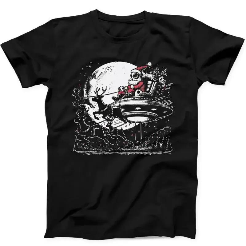 Christmas Retro Alien Santa Claus Reindeer And Ufo Funny Gift Black T Shirt 214