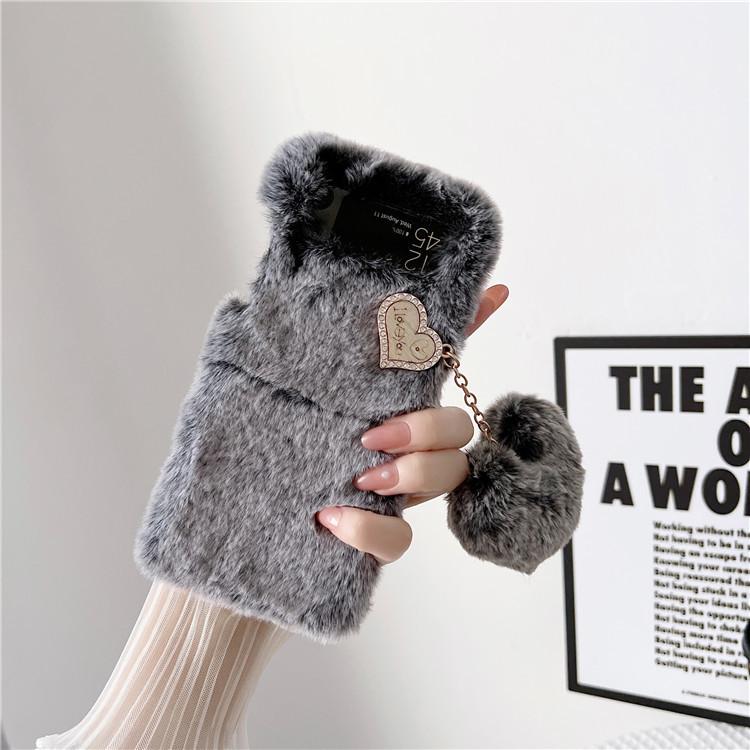 Applicable To Samsung Z Flip4 Plush Mobile Phone Case Zflip3 Bow Pearl Solid Color Protective Case Autumn and Winter Hair Case