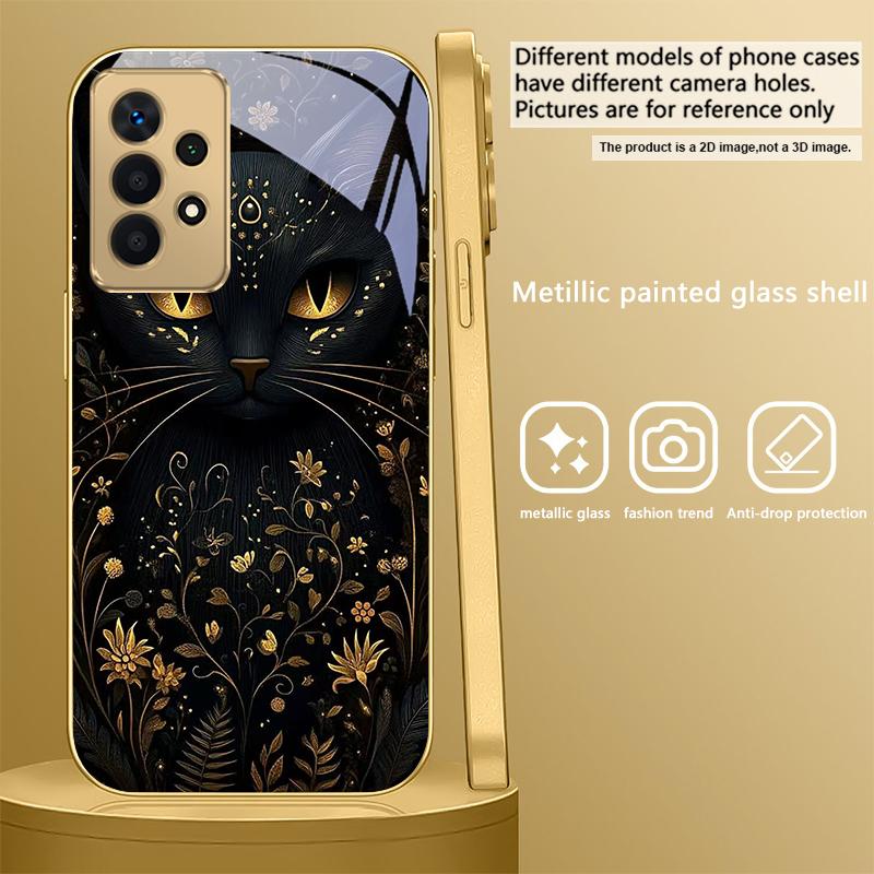 Fantastic Black Cat For Samsung A 31 32 A33 A34 35 14 A15 13 A16 25 26 50 52 53 54 55 56 70 71 72 73 Golden glass phone case