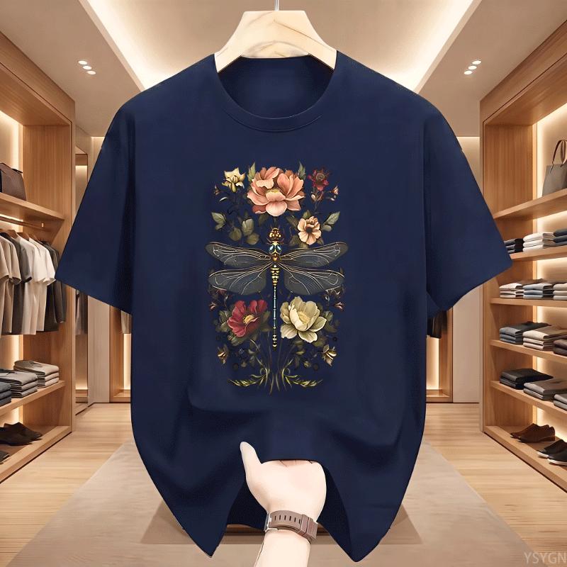 Vintage Summer Dragonfly TShirt Unisex Boho Floral Cottagecore Botanical Print T Shirts Casual Round Neck Cotton Short Sleeve Tops