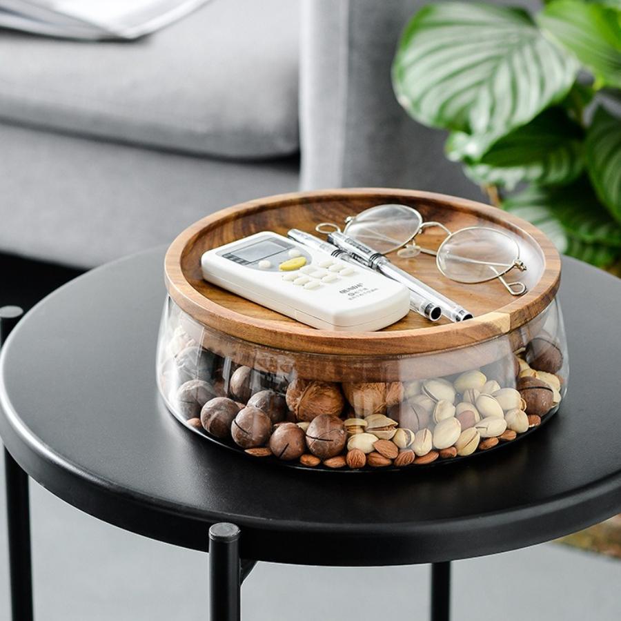 Glass Food Storage Fruit Tray with Wooden Cover Nut Candy Fruit Organizer for Coffee Table Dry Fruit Bowl Kitchen Storage