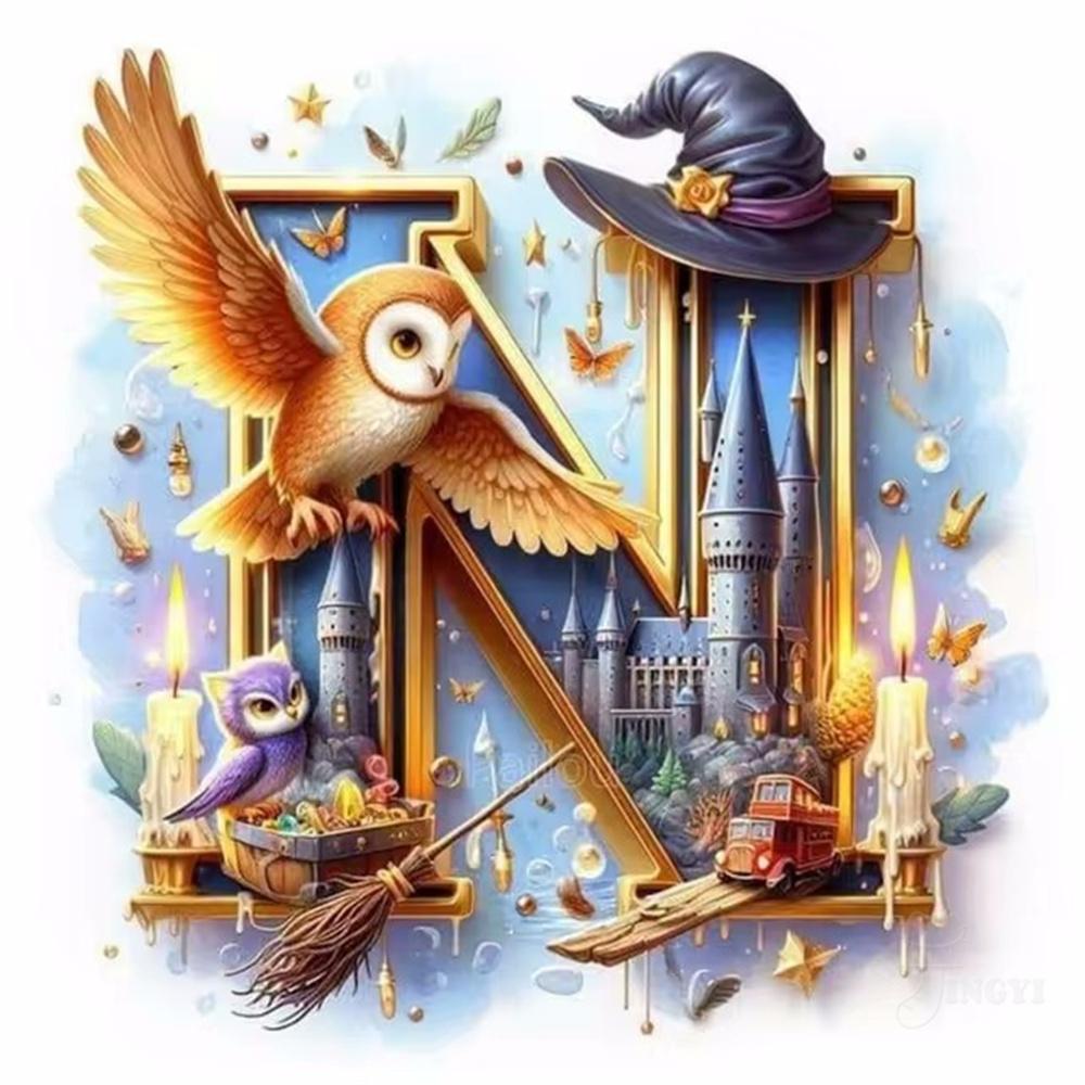Harry Potter Fantasy Castle and Owl Letters Diamond Painting Cross Stitch Art Magical Alphabet Witch House Mosaic Home Decor