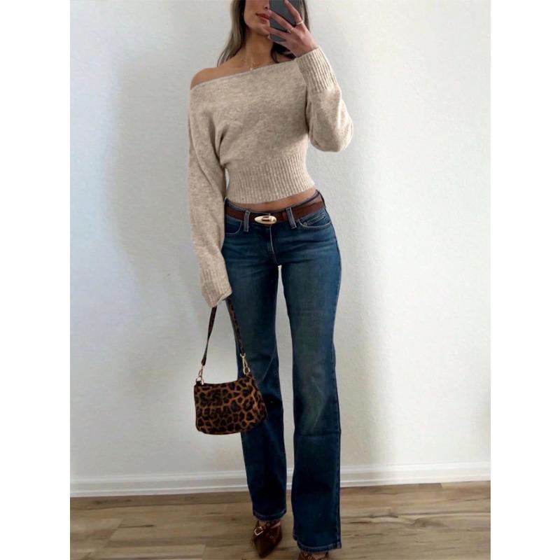 Women Loose Off Shoulder Long Sleeve Knit Cropped Sweater