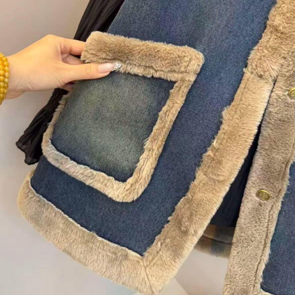 Przytulna Szykowna Kamizelka Patchworkowa Jeansowa z Podszewką z Polarowego Materiału Duży Rozmiar Modelująca Sylwetkę