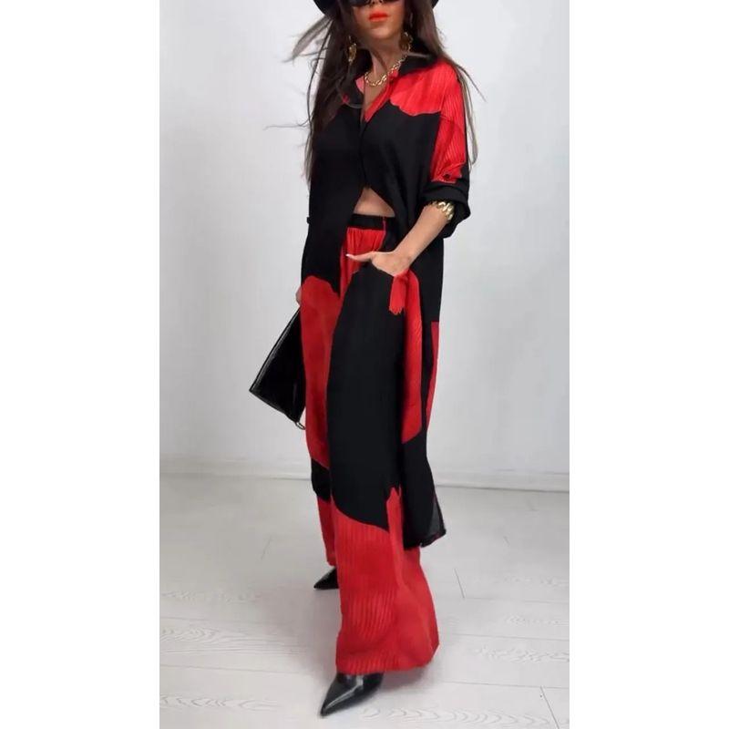 2025 European and American Print Women Cardigan Print Top and Pants Commuter Leisure Set