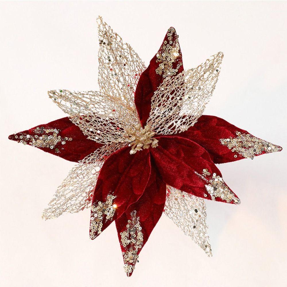Flanellstoff Weihnachten Künstliche Blumen Kunststoff Glitzer Glitzer Fake Flower 29cm DIY Weihnachten Dekorationsblumen Weihnachtsdekoration