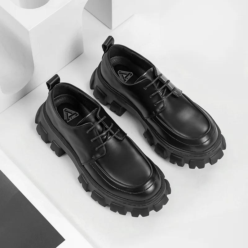 Male Leather Shoes Men's 2024 New Chunky Platform Retro Work Shoes Spring Autumn Low Top Man Casual Flats British Style Lace-up