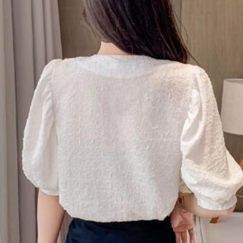 Women's V-neck Beaded Embossed Chiffon Shirt Summer Fashion Versatile Loose and Slim Bubble Short Sleeve Tops