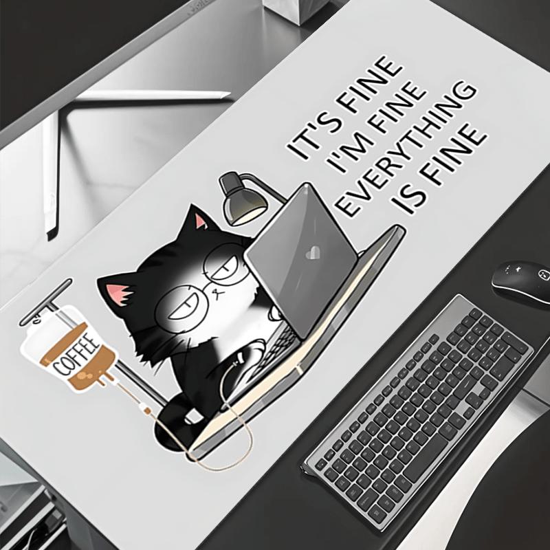 Large Gray Cartoon Gaming Mouse Pad with Cat Coffee Design Its Fine Im Fine 300x800x2mm