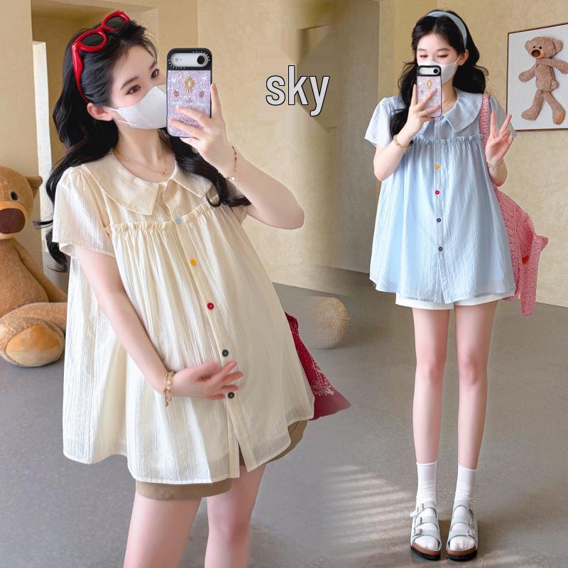 Korean-Style Petite Maternity Summer Set with Ruffle Doll Top & Belly Support Shorts