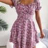 Sommerliches Blumenkleid für Damen Quadratischer Ausschnitt Kurze Ärmel Schnürung Temperament Frühling S-XL