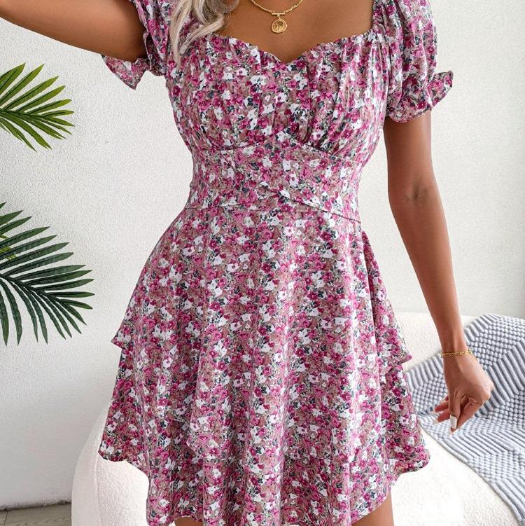 Sommerliches Blumenkleid für Damen Quadratischer Ausschnitt Kurze Ärmel Schnürung Temperament Frühling S-XL