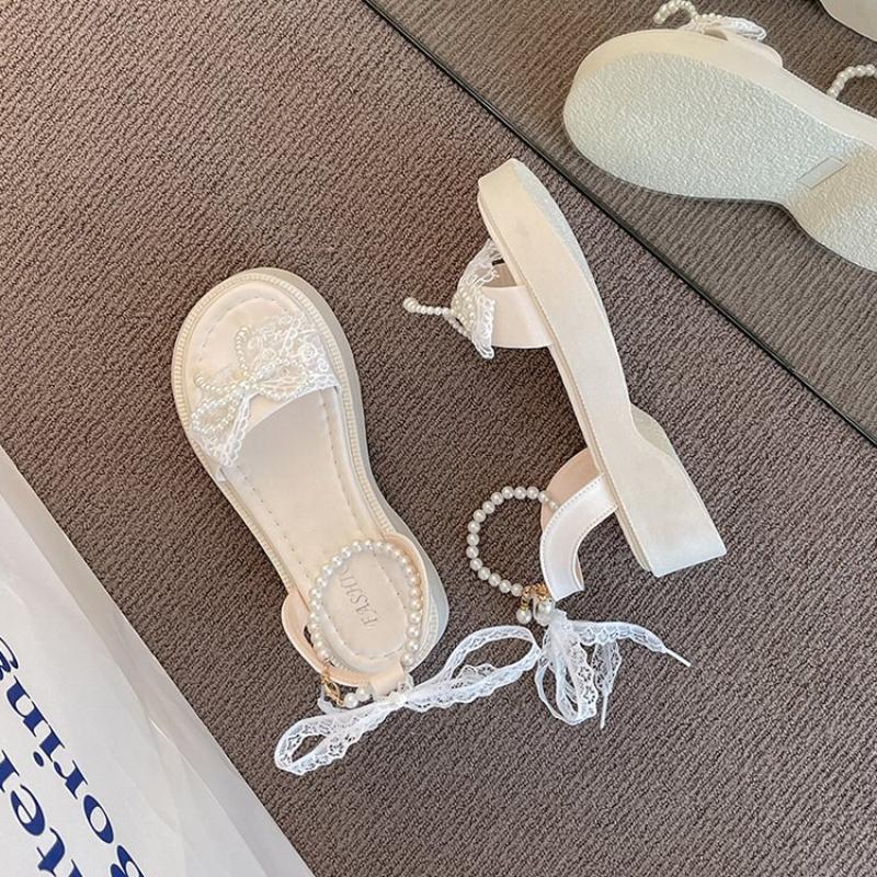 SyfIyno Sommer Neue Perlen Schleife Sandalen Damen Ein Riemen, Offene Zehen, Dicke Sohle Mode Römische Damen Sandalen