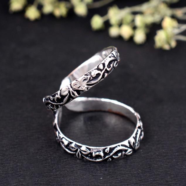 Oxidized Sterling Silver Double Band Ring | Adjustable Floral Scrollwork Wrap Ring | Unique Two-Finger Boho Statement Jewelry