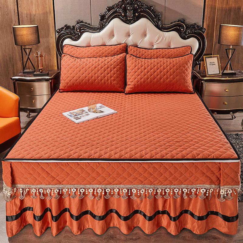 Seaweed Cotton Quilted Bed Skirt One-Piece Thickened Warm Removable Lace Bedspread Brushed Mattress Cover Three-Piece Set