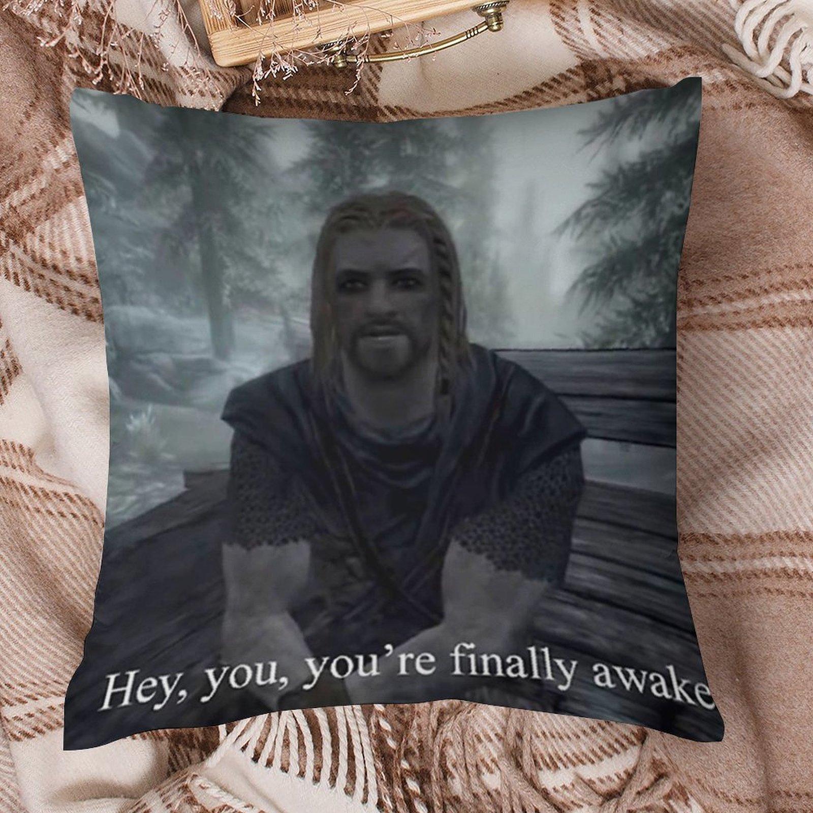Panika Chen Unisex 1Pc Skyrim You're Finally Awake Meme Pillow Cover, Polyester 2D Double-Sided Print, Ralof Skyrim Meme Art, Gamer Home Decor Gi