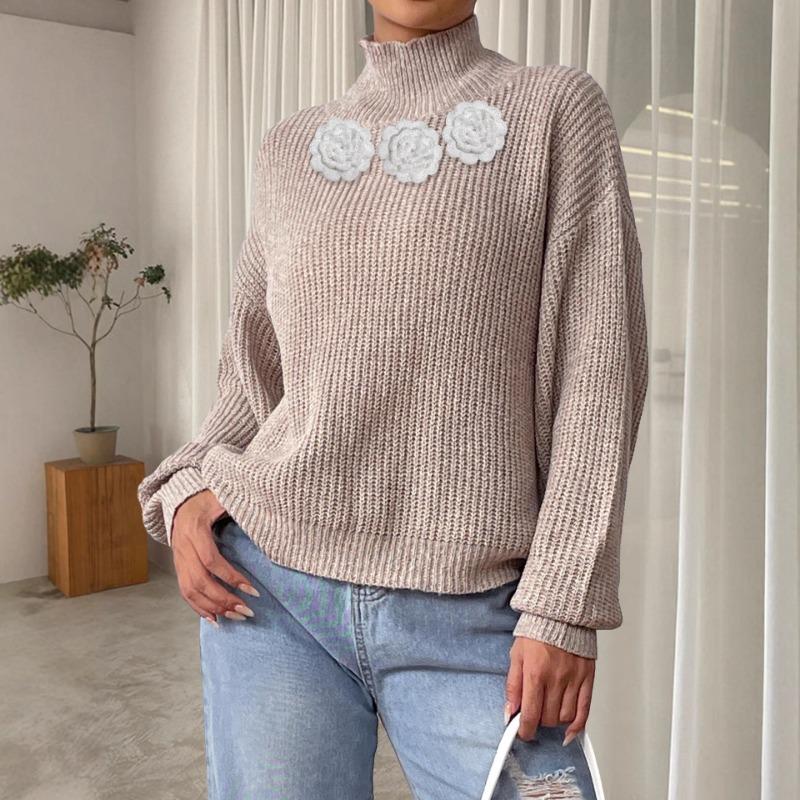 Women's Half-high Neck Pullover Sweater Three-dimensional Flower Splicing Velvet Autumn Winter Base Shirt