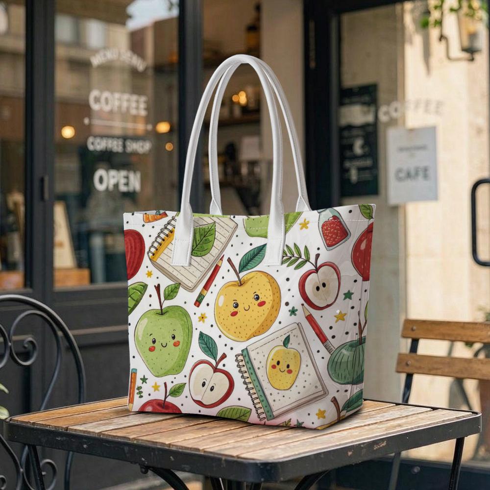 Cute Apple Print Portable Tote Bag Casual Daily Shoulder Handbag for Shopping Work Travel