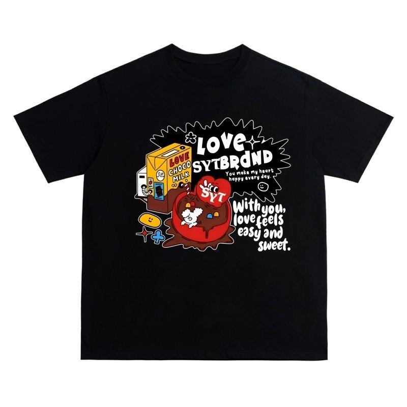 

American Trendy Brand Milk Chocolate Printed Short-sleeved Versatile for Men and Women on The Street Loose Couple Ins Pure Top 4XL