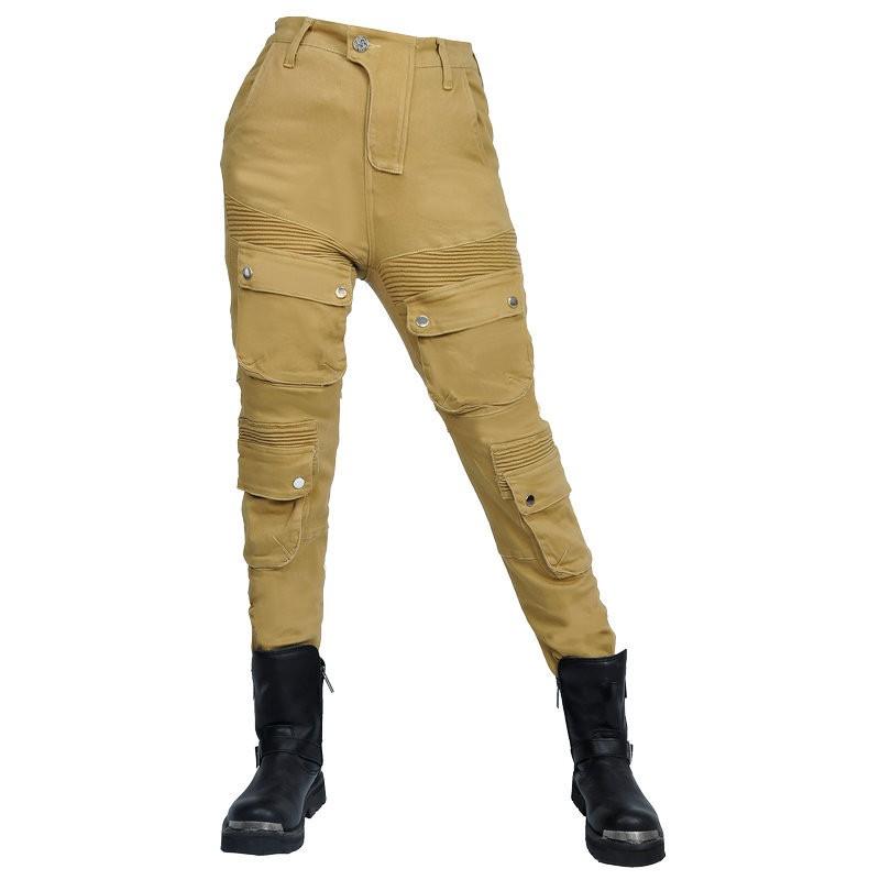 Womens Motorcycle Riding Pants Vintage Style Cargo Trousers With Protective Padding Khaki Cotton Blend Use