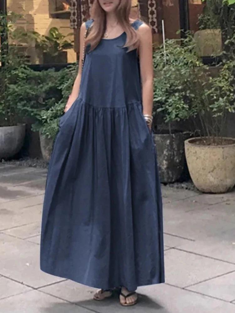2024 Summer Cotton & Linen Sleeveless Loose Fit Round Neck Swing Dress