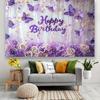 2D Purple Butterfly Happy Birthday Backdrop Banner with Roses & Flowers