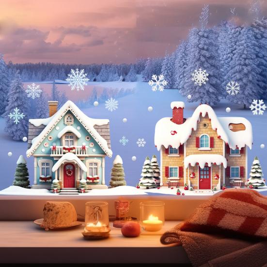 Christmas Double House Window Cling Removable Waterproof PVC Merry Christmas Winter Cabin Static Glass Sticker Holiday Party Decoration Decal