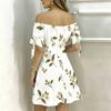 Women Plus Size Off Shoulder Tie Cuff Short Sleeve Floral Printed A Line Dress