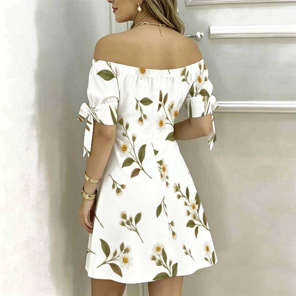 Women Plus Size Off Shoulder Tie Cuff Short Sleeve Floral Printed A Line Dress