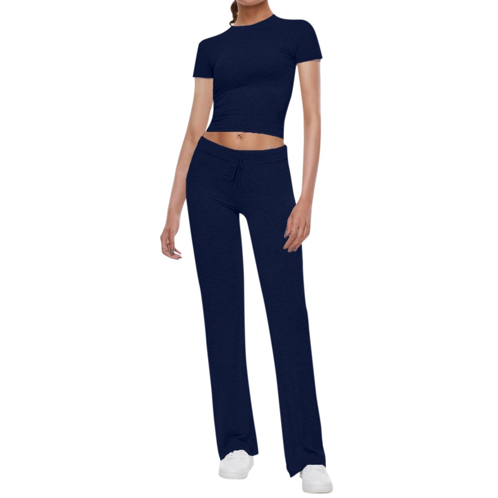 

Women s Fashion Color Round Neck Short Sleeved Top Casual Pants Sports Set S