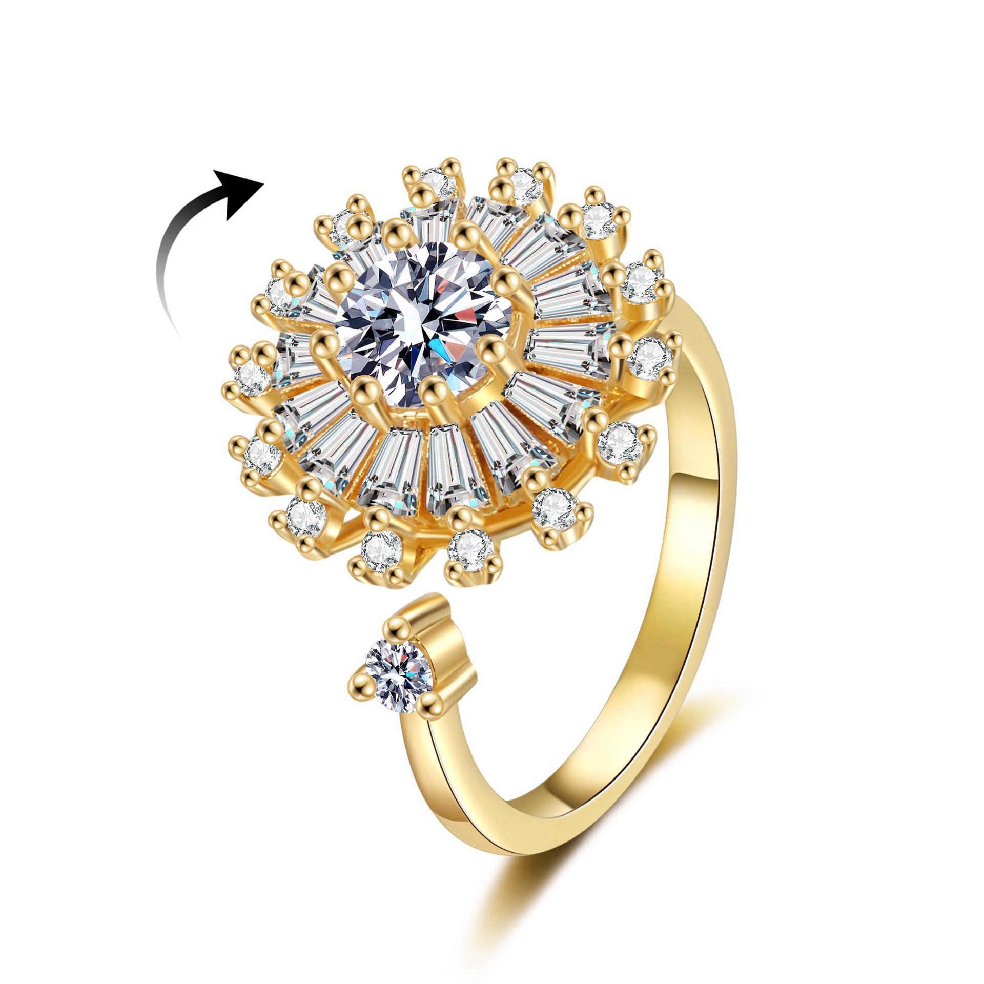 2026 Модное Маленькое Ромашка Вращающееся Кольцо Женское Микро-инкрустация Циркон Нишевый Темперамент Холодный и Универсальный Полностью Алмазное Кольцо Ювелирные Изделия Resizable