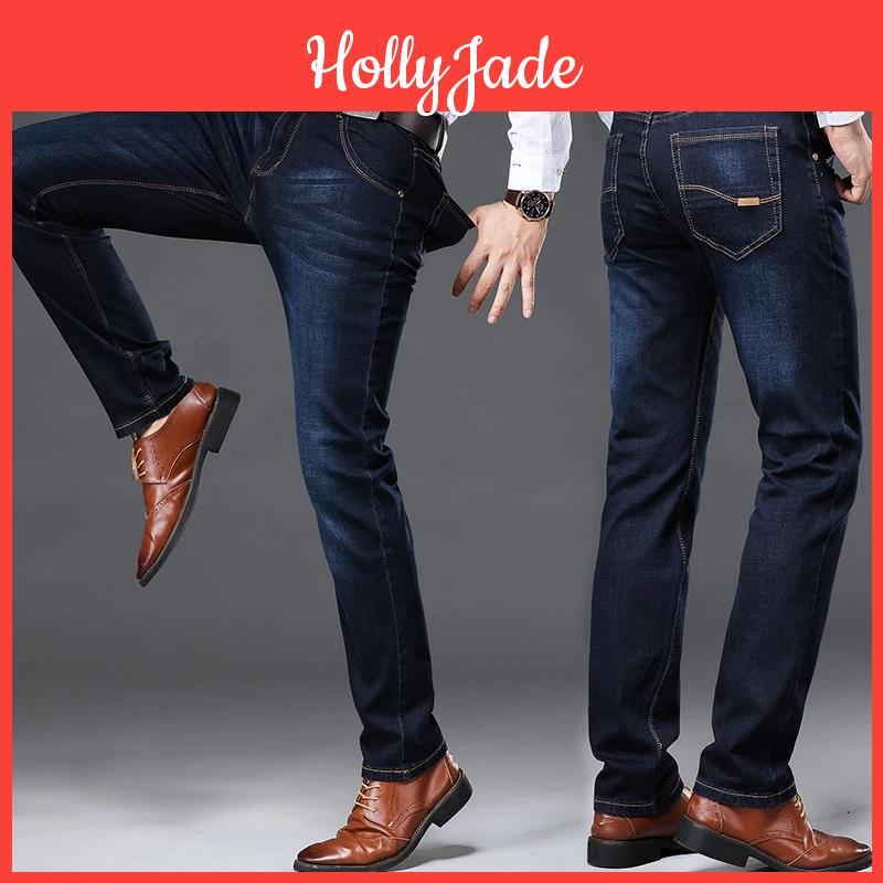 Spring Elastic Business Casual Jeans Mens Classic Fashion Slim Fit Trousers Plu Size