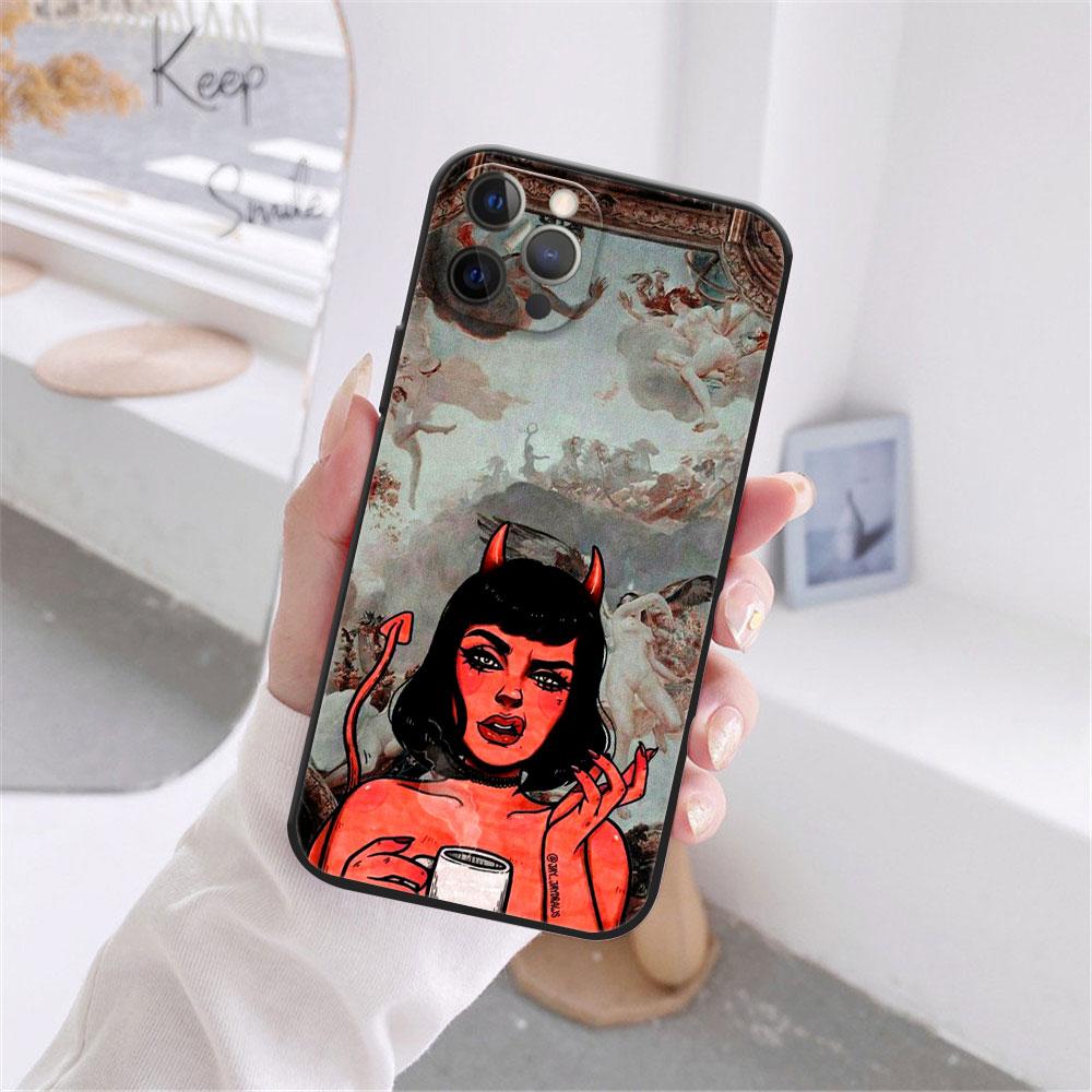 Pouzdro Fashion Devil Girl pro iPhone 12 13 11 Pro Max mini XR 7 8 Plus 2020 X Xs Max černé měkké TPU kryt