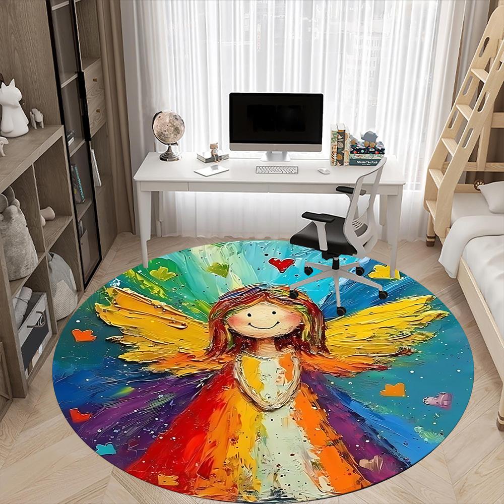 1pc Angel Wings Office Round Area Rug, Indoor Mat Suitable ForOffice, Under Office Chairs Bedroom Living Room Home Decor, Room Deco D082