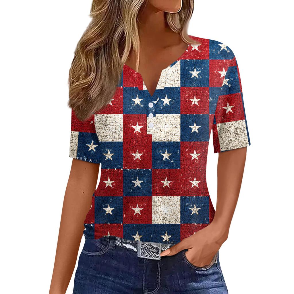 Women's T Shirt Independence Day Print Button Short Sleeve Daily Weekend Fashion Basic V- Neck Regular Top