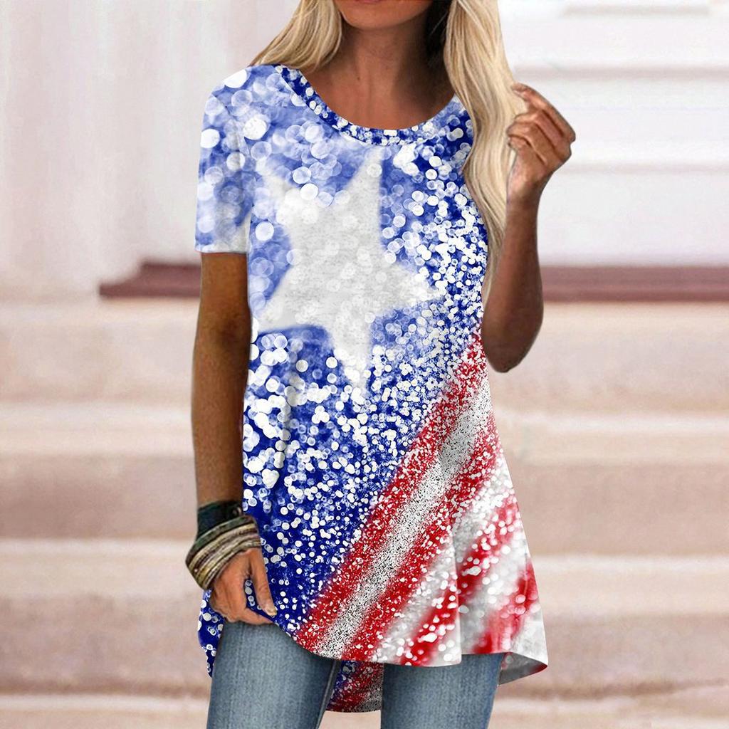 Women's Round Neck Short Sleeve Geometric Print Tunic Top Casual Asymmetrical Hem Blouse