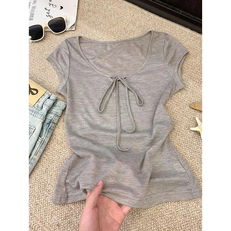 Women's Grey Ribbed Knit Top Short Sleeve Casual Slim Fit Tie Front Blouse