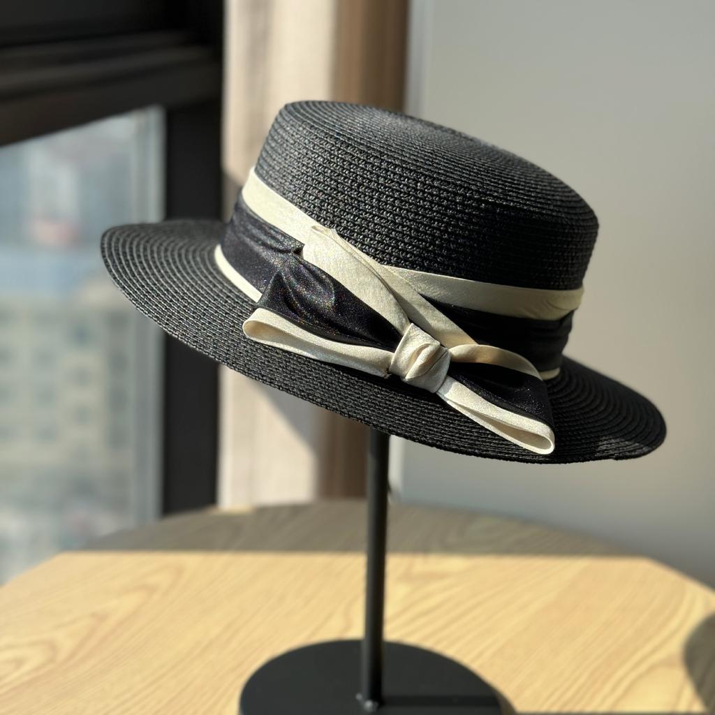 New Straw Woven Flat Top Top Hat Bow Straw Hat Summer Outing Seaside Sunshade and Sun Protection