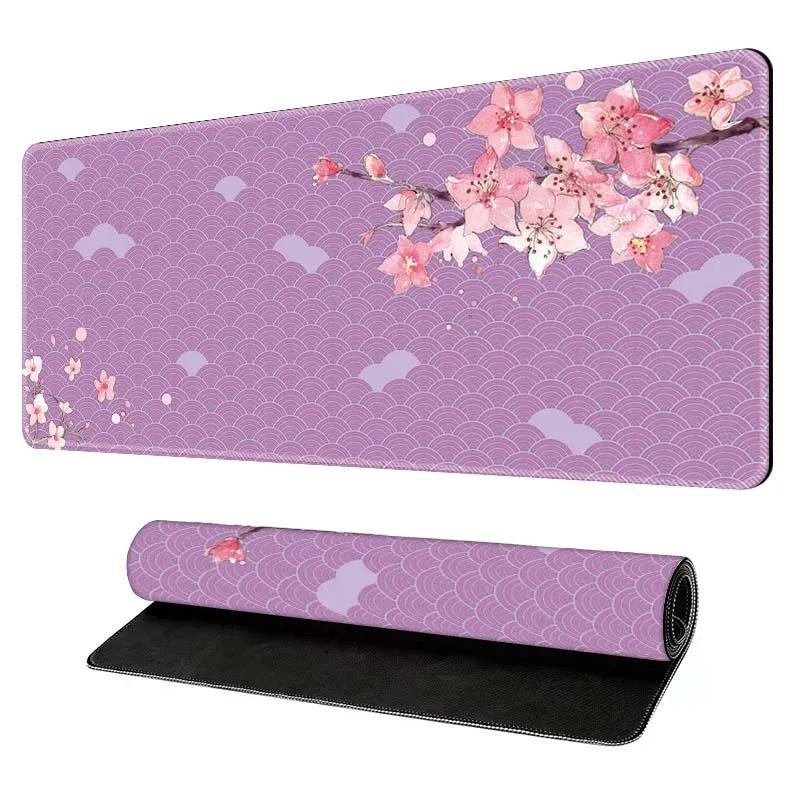 Sakura Cherry Blossom Desk Mat Black Wave Texture Gaming Mouse Pad NonSlip Rubber Keyboard Mat Stitched Edge Table Pad