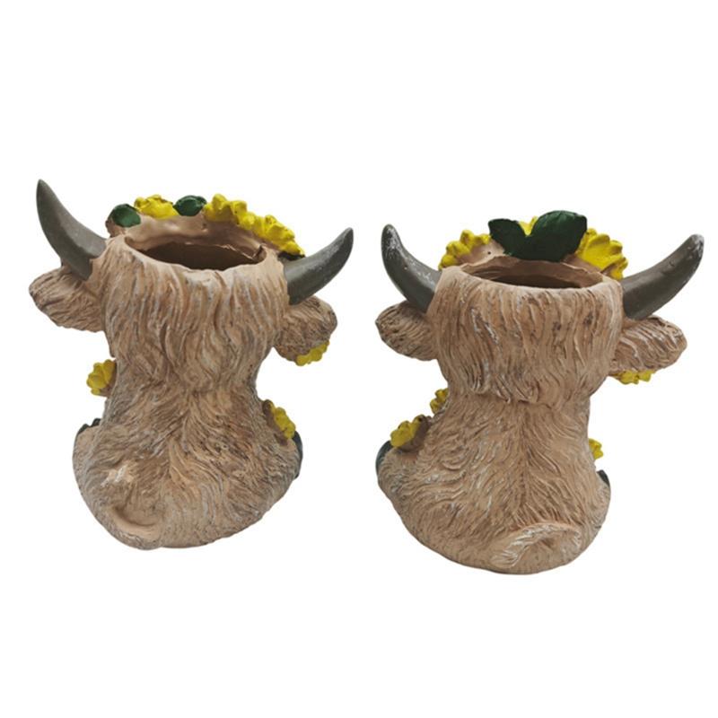 2pcs Sunflower Highland Cow Resin Flower Pot Ornament