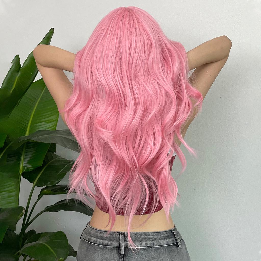 Light Pink Long Wavy Cosplay Synthetic Hair Wigs with Bangs for White Women Afro Lolita Water Wave Halloween Heat Reisitant Wig